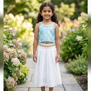 Girls Indian Punjabi 2 Piece Lengha Blue White Embellished Set - Size 5-6